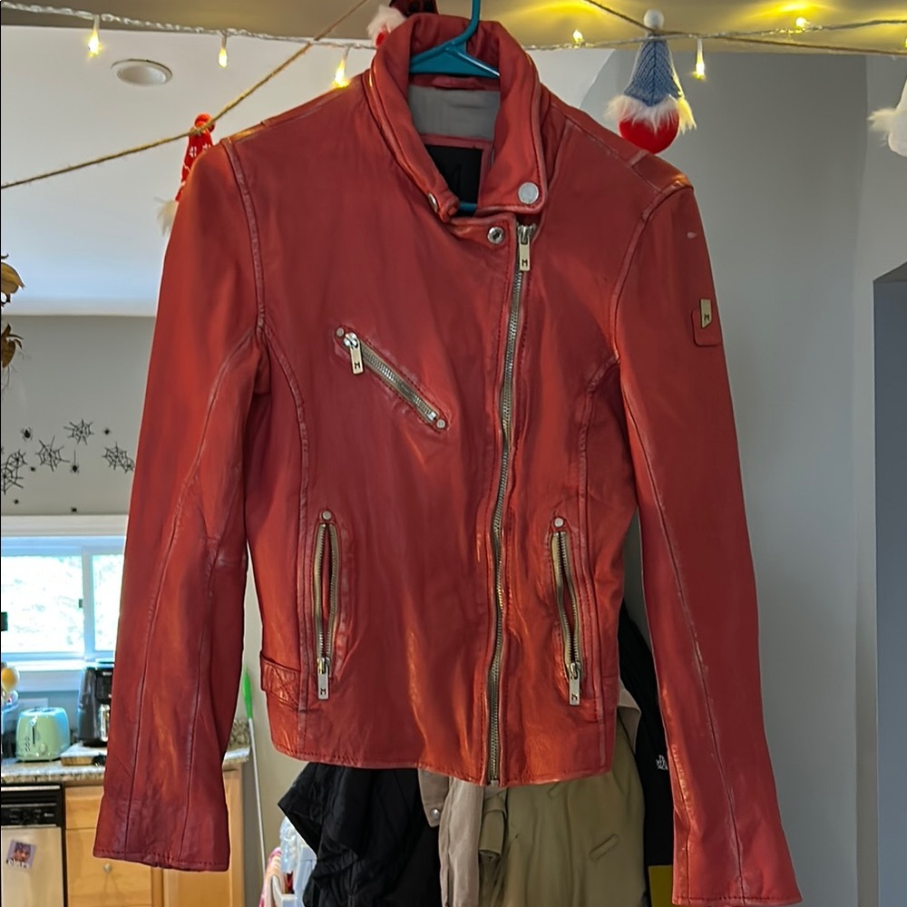 Red Leather Moto Jacket with Asymmetrical Zippers